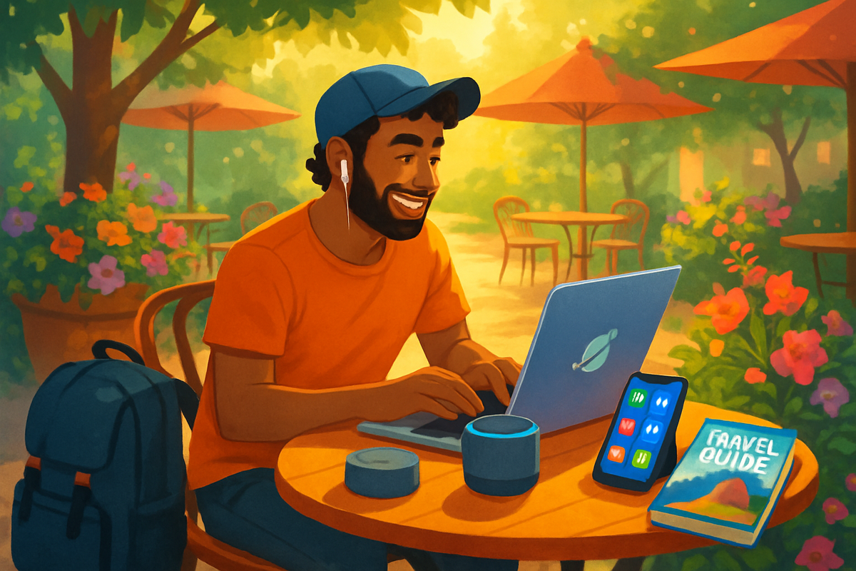 A smiling man in a casual orange t-shirt and blue cap is working on a laptop at a sunny outdoor café surrounded by vibrant flowers and greenery.