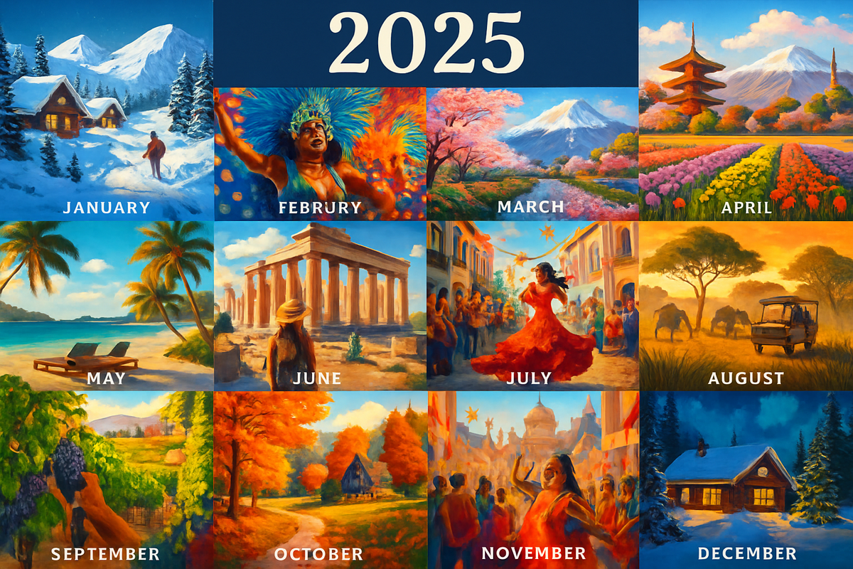 The image is a colorful calendar for 2025, featuring a different scenic illustration for each month, capturing seasonal themes from winter to summer.