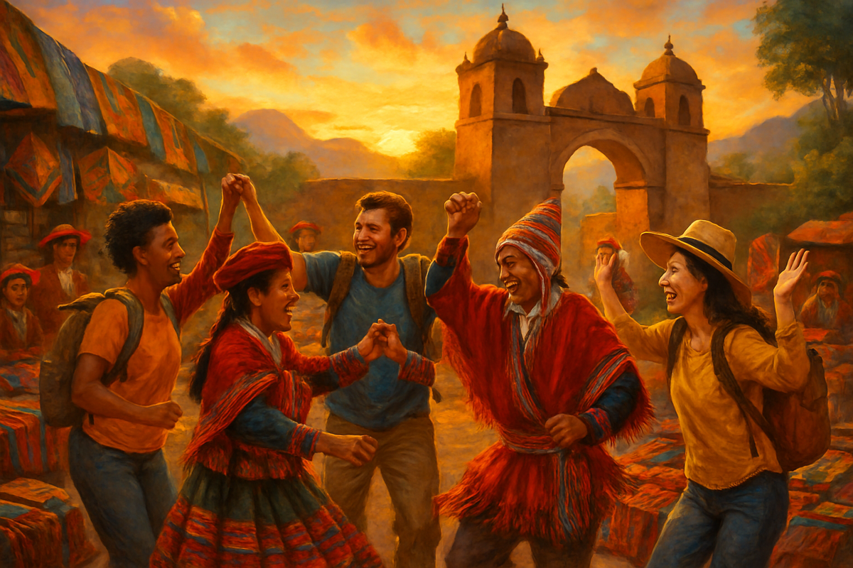 A joyous group of four people dance and celebrate in a vibrant marketplace at sunset, surrounded by colorful textiles and traditional architecture.