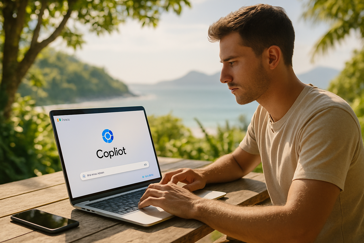 A man is using a laptop displaying the "Copilot" interface while sitting at an outdoor table with a scenic backdrop of greenery and water.
