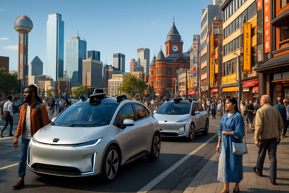 The image depicts a busy street scene with autonomous cars, pedestrians, and a skyline featuring modern skyscrapers and a historic building.