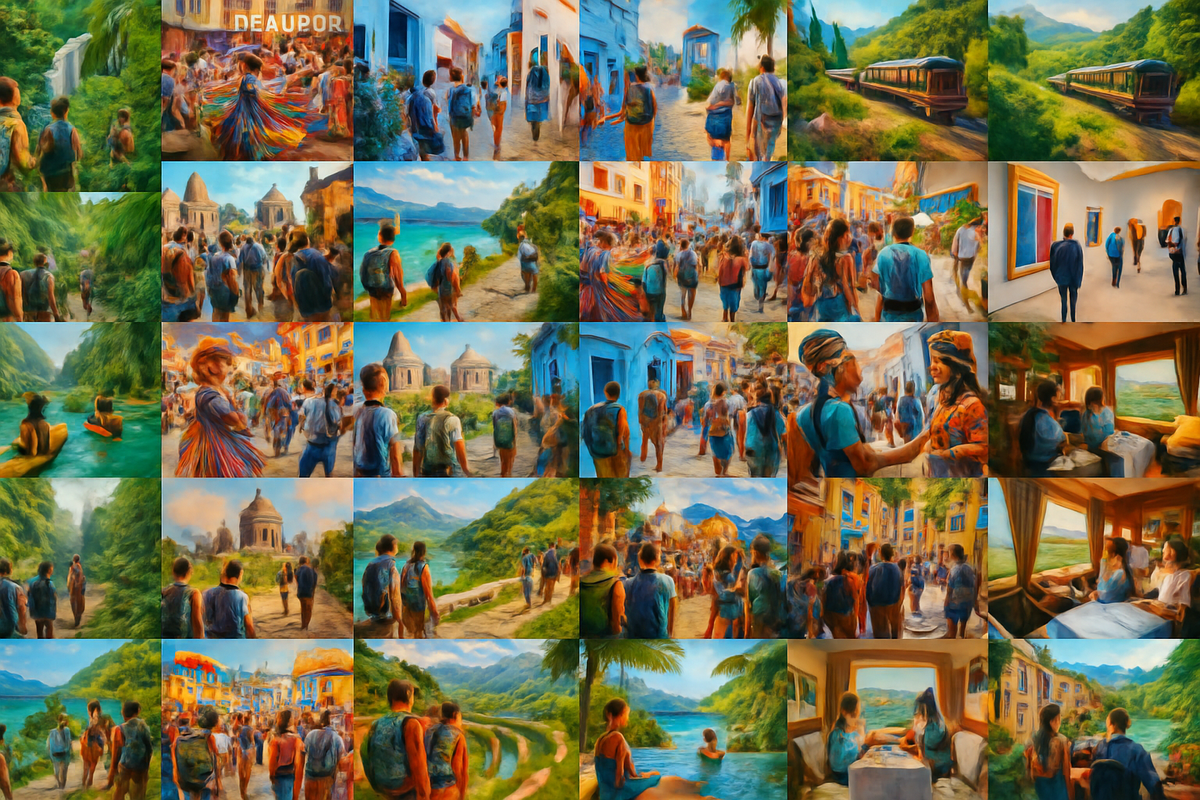 The image is a vibrant collage depicting various scenic and cultural landscapes featuring people exploring nature, architecture, and art in an impressionistic style.