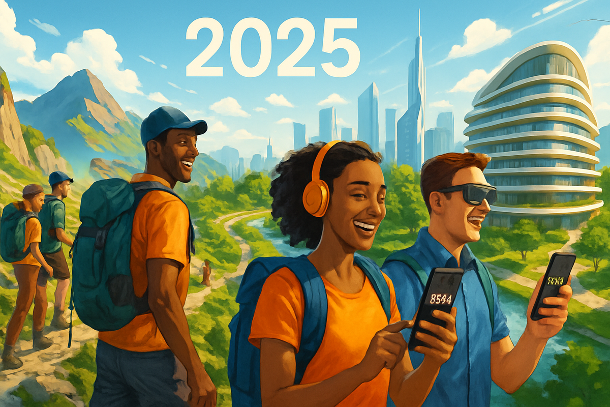 The image depicts a diverse group of hikers enjoying nature while using smartphones, with a futuristic city skyline in the background and the year "2025" prominently displayed.