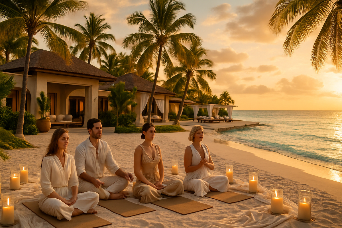 Four individuals are meditating on a sandy beach at sunset, surrounded by candles and palm trees.