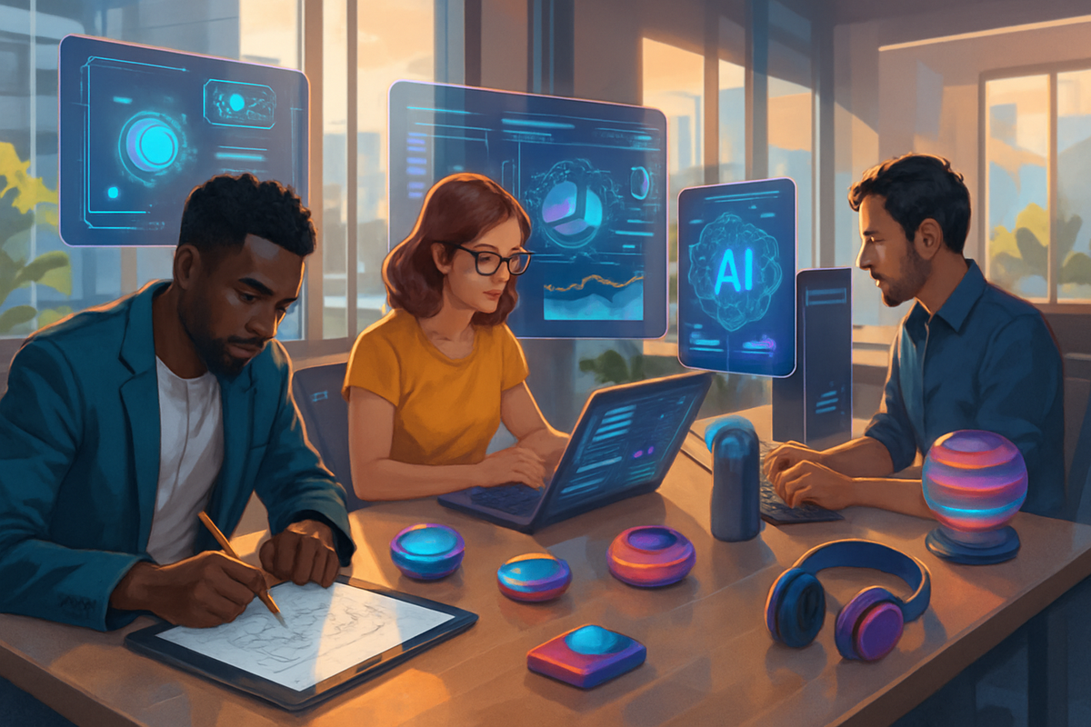 A diverse group of three people work intently in a modern office setting with screens displaying digital content related to AI.