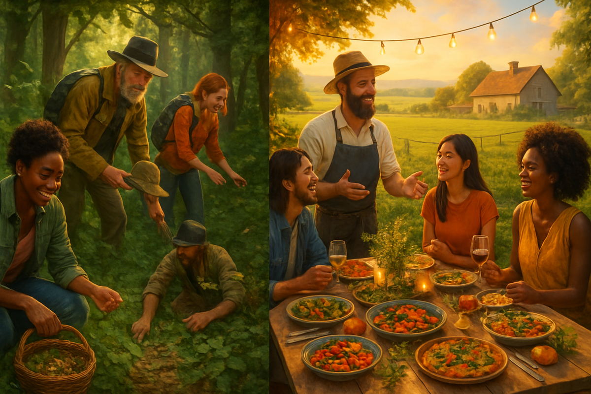 The image depicts a scene split into two parts: one of people harvesting in a lush forest and the other of a joyful dinner gathering with a variety of foods outdoors.