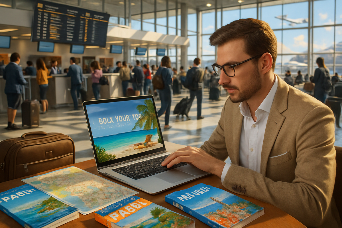 A man in a suit works on a laptop at an airport with travel books and maps on the table.