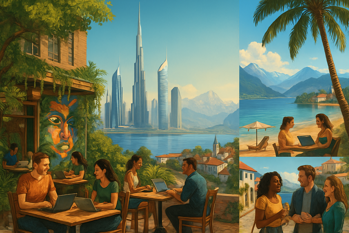 The image depicts vibrant scenes of people working on laptops in various picturesque settings, including a city skyline and serene lakeside views.