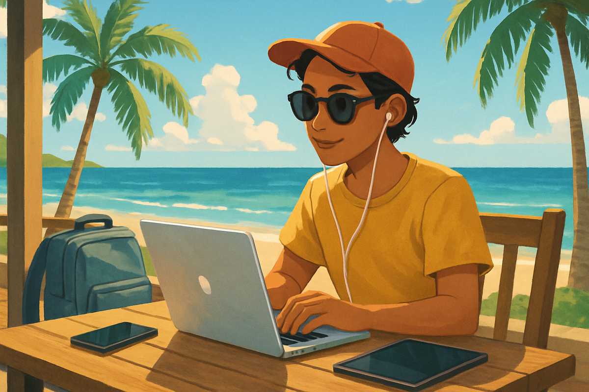 A person in sunglasses and a cap works intently on a laptop at a beachside table, surrounded by palm trees and ocean views.