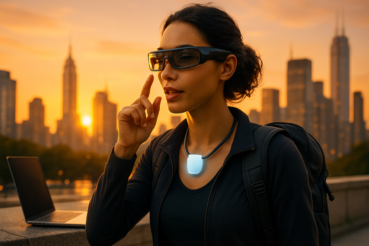 A woman wearing stylish smart glasses and a modern pendant stands with a laptop against a sunset backdrop in an urban setting.
