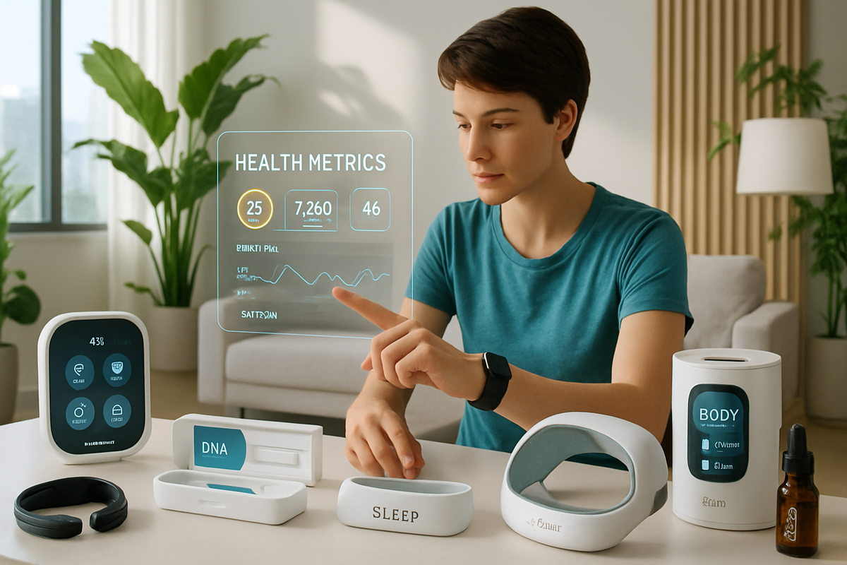 A person in a teal shirt is interacting with various health monitoring devices on a table, with a digital health metrics display above.