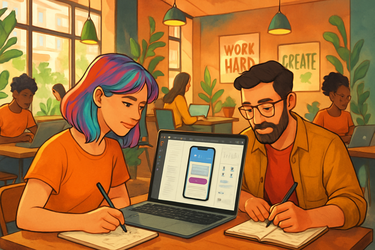 A focused scene in a cozy café showing two people collaborating on a laptop while taking notes.