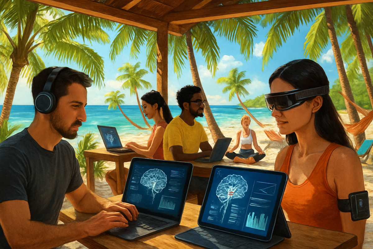 The image depicts a group of people working on laptops and using technology in a tropical beach setting, surrounded by palm trees and clear blue water.