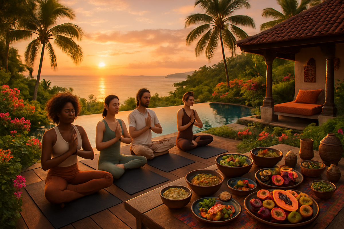 A serene sunset yoga scene with four people meditating by a poolside surrounded by vibrant nature and a colorful array of healthy foods.