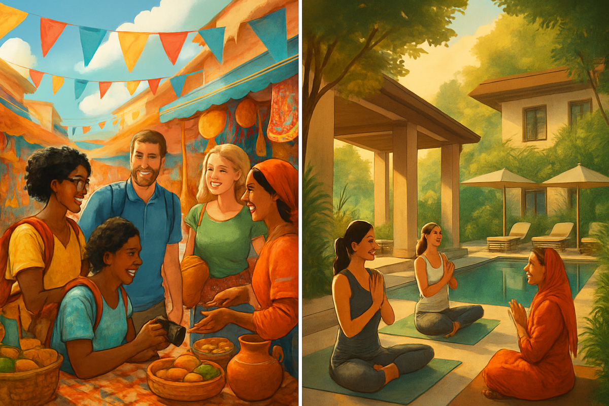 The image depicts two contrasting scenes: a vibrant outdoor market where diverse people are joyfully interacting and a serene setting by a pool where women are practicing yoga and meditation.