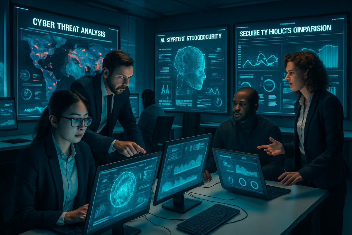 The image shows a group of professionals in a dark cyber security operations room analyzing data on screens related to cyber threats.