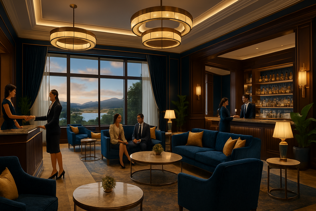 The image depicts an elegant hotel lobby with a welcoming atmosphere, featuring modern furnishings, guests engaging in conversation, and a scenic view through large windows.