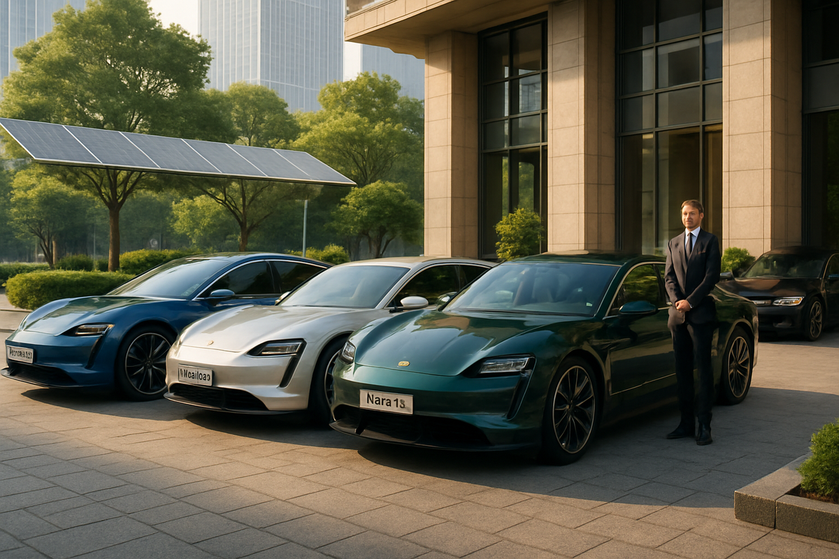 A man in a suit stands next to three sleek electric cars parked in front of a modern building surrounded by greenery.