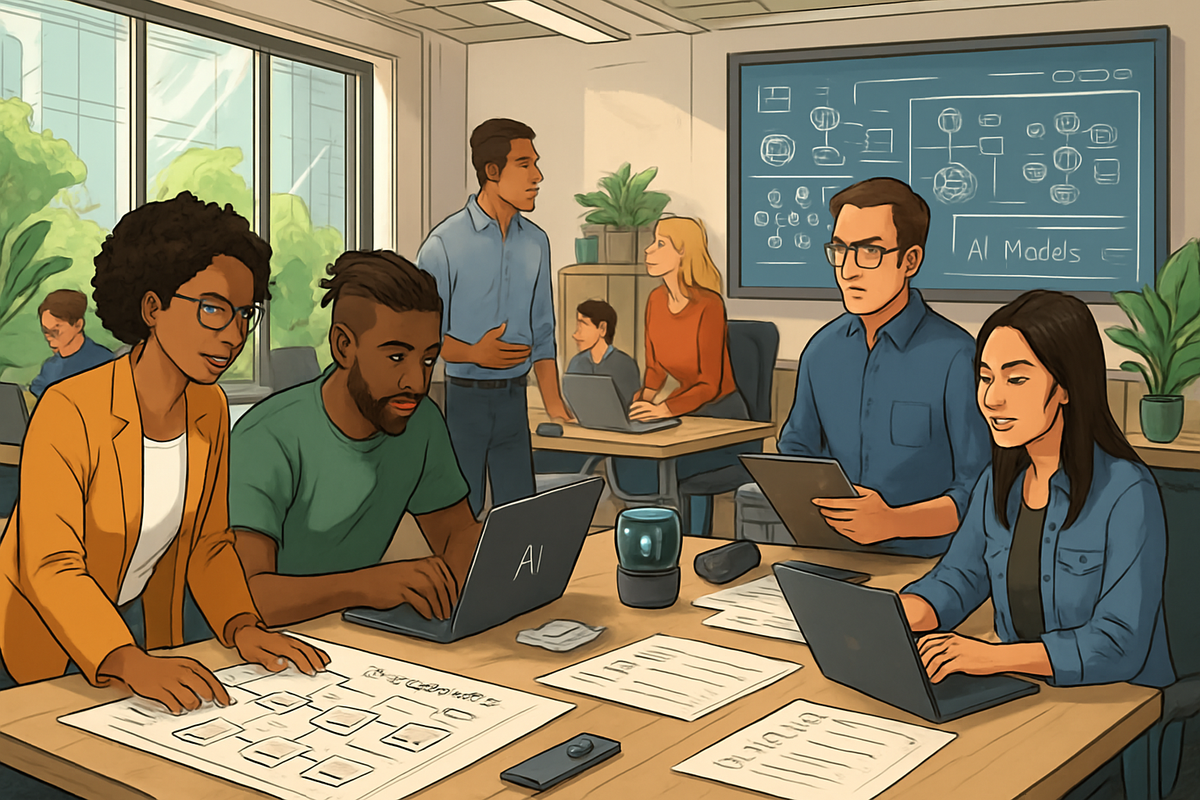 A diverse group of people collaborates in a modern office setting, discussing and working on AI-related projects.