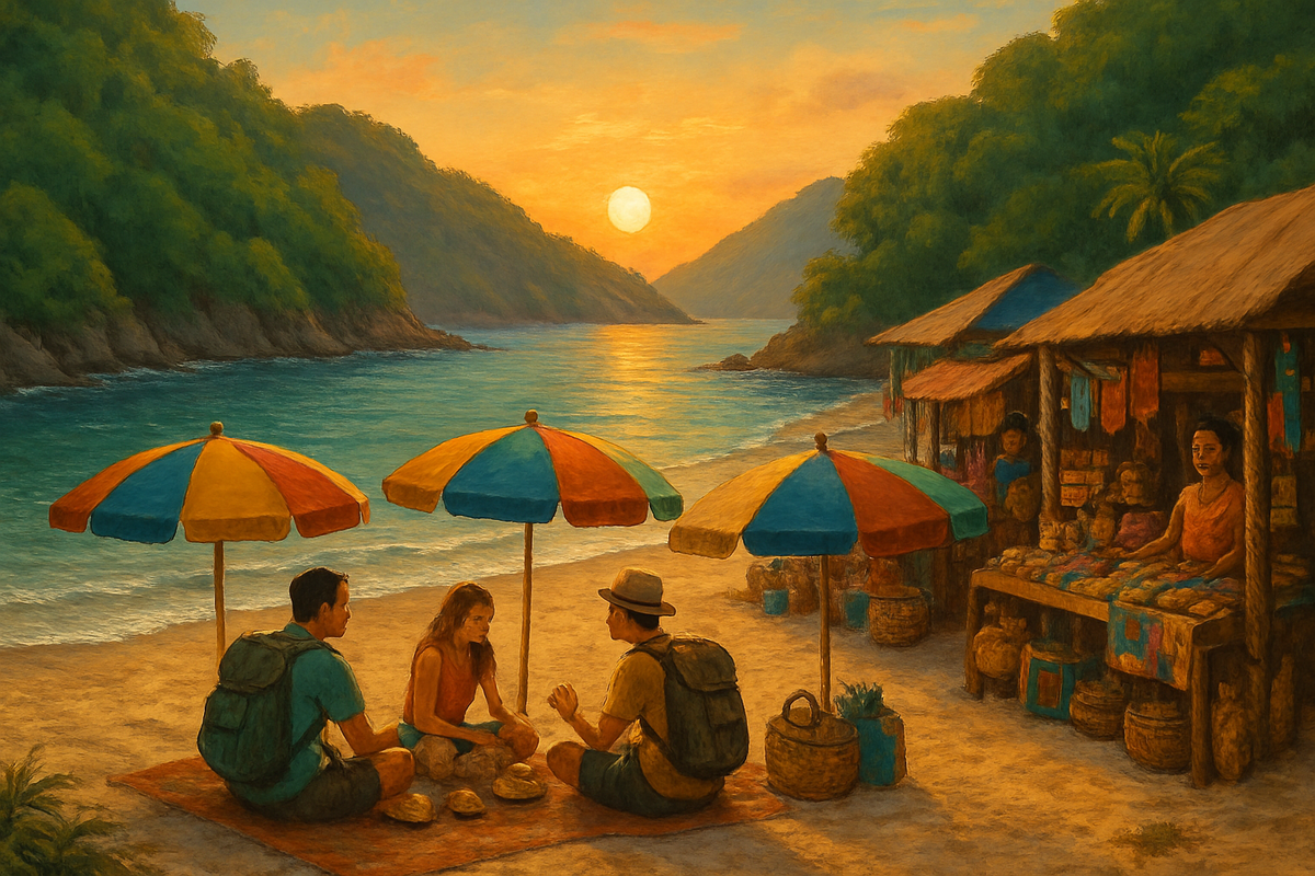 The image depicts a serene beach scene at sunset, with three people sitting under colorful umbrellas enjoying food, while a market stalls displays local goods nearby.