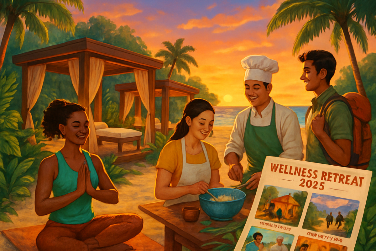 The image depicts a serene beach scene at sunset where three people engage in cooking and relaxation activities, with a wellness retreat poster prominently displayed.