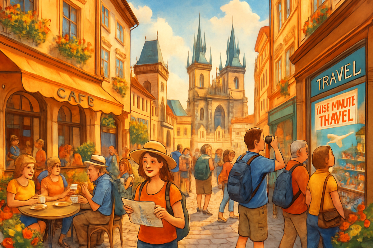The image depicts a vibrant street scene filled with tourists and locals enjoying a lively atmosphere near a café and a prominent cathedral in the background.