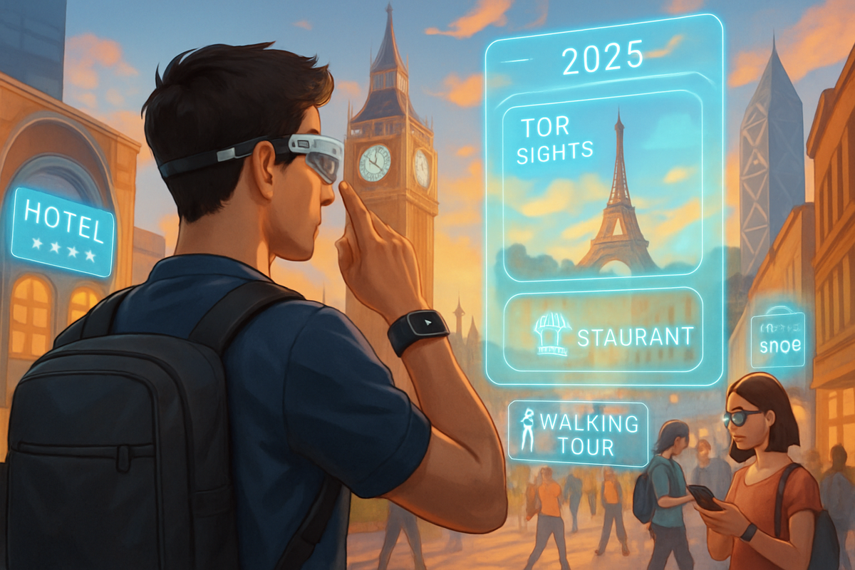 A man wearing smart glasses interacts with a digital interface displaying tourist information while city dwellers walk past a famous clock tower.