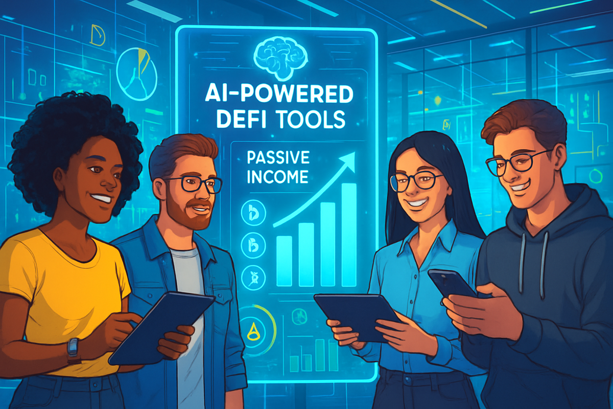 A group of four diverse individuals is engaged with digital devices while discussing AI-powered DeFi tools and passive income, set against a high-tech background.