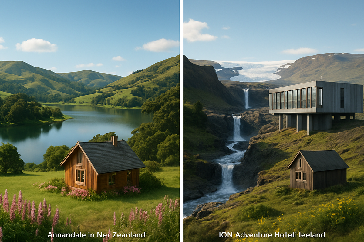The image showcases two stunning landscapes: one featuring a wooden house by a peaceful lake in New Zealand, and the other showcasing a modern hotel beside a waterfall in Iceland.