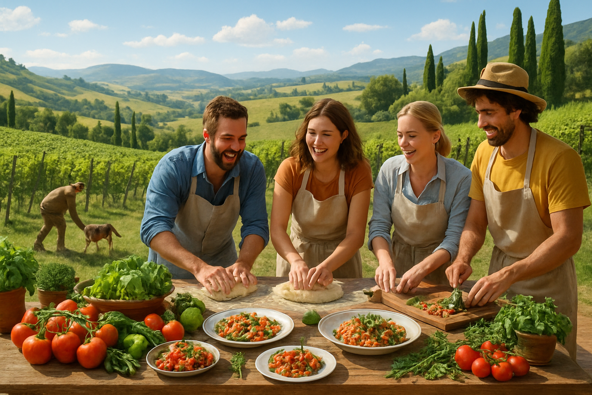 A group of four people joyfully prepare food together outdoors, surrounded by fresh vegetables and a picturesque vineyard landscape.