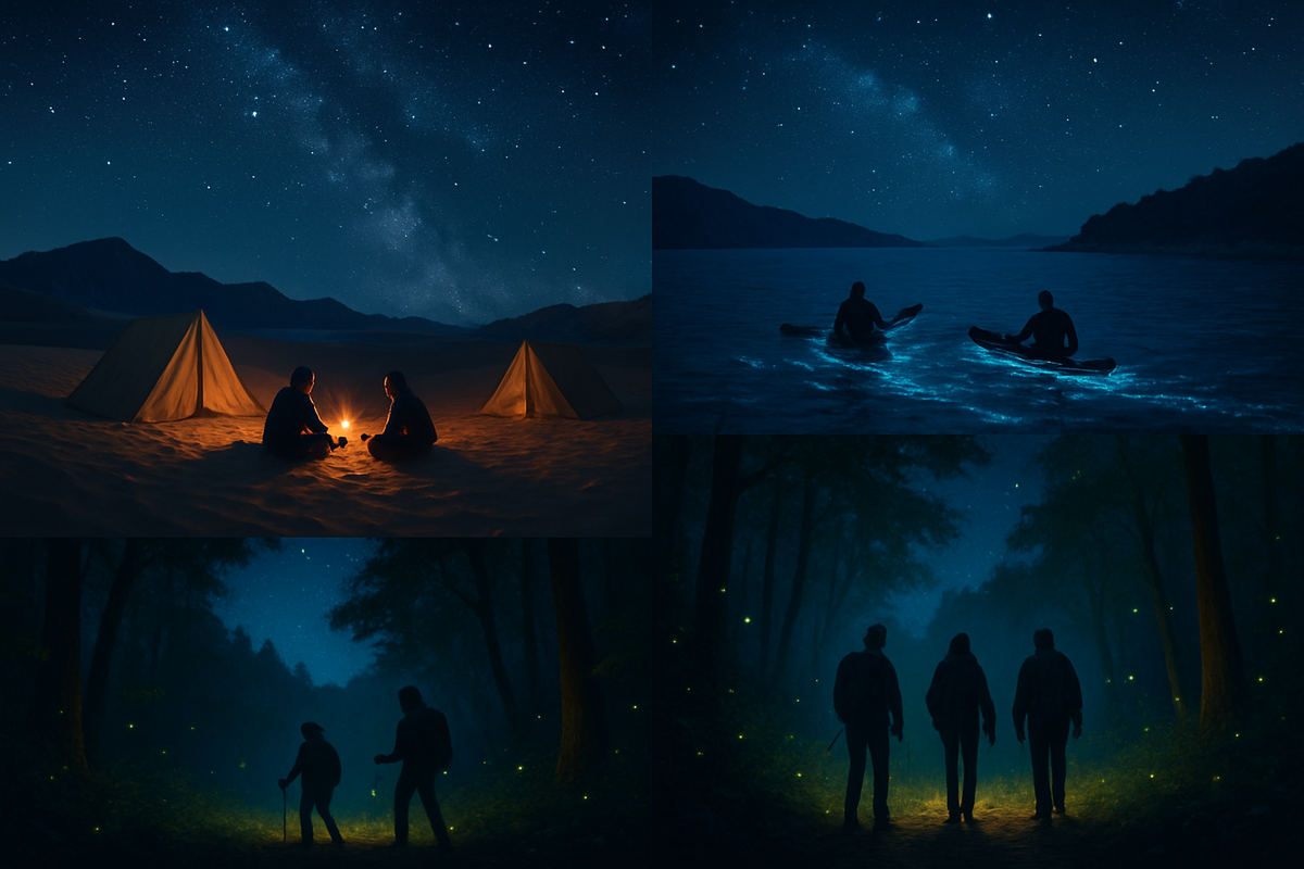 The image depicts four scenes of outdoor adventures at night, featuring camping by a fire, kayaking under the stars, and walking through a forest illuminated by fireflies.