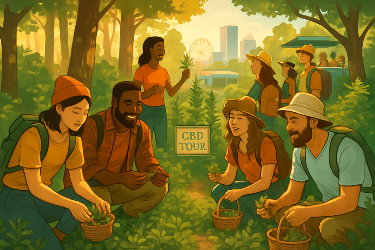 A group of diverse people is joyfully participating in a CBD tour, gathering plants in a lush, green setting.