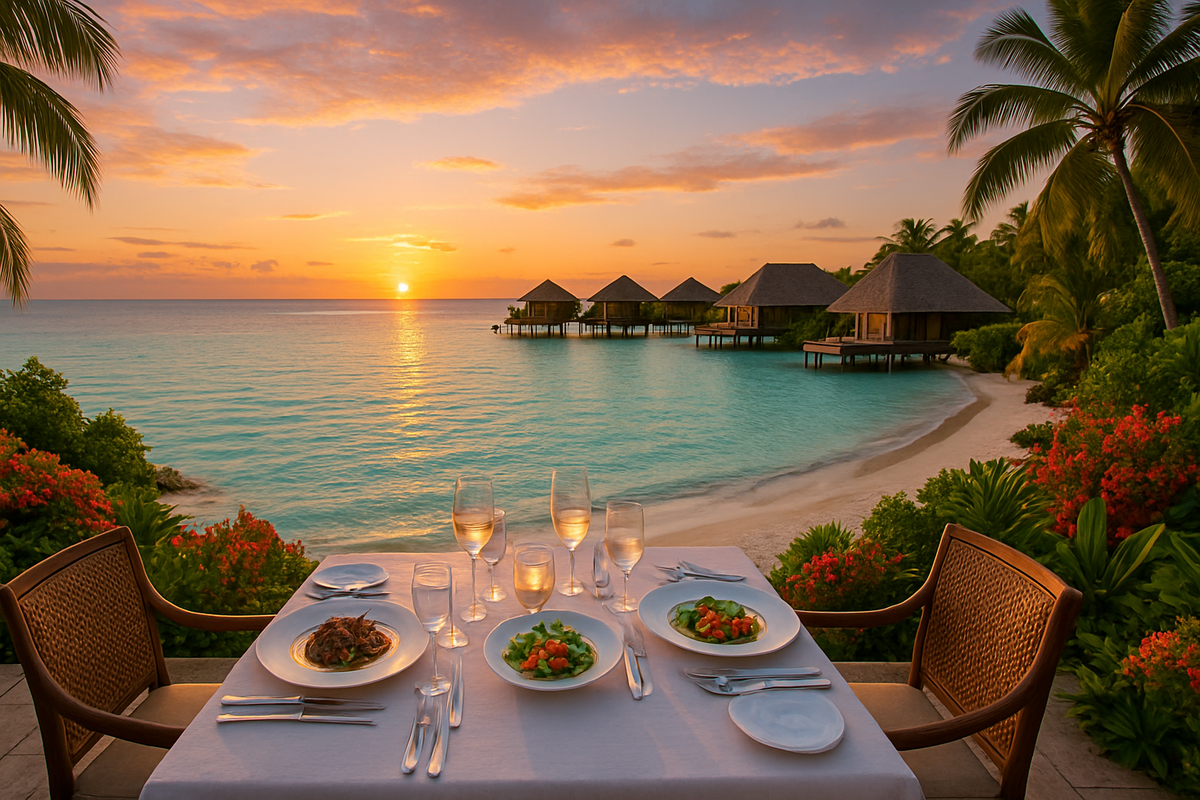A beautifully set dinner table with gourmet dishes overlooks a tranquil ocean at sunset, framed by vibrant tropical foliage and thatched-roof bungalows.