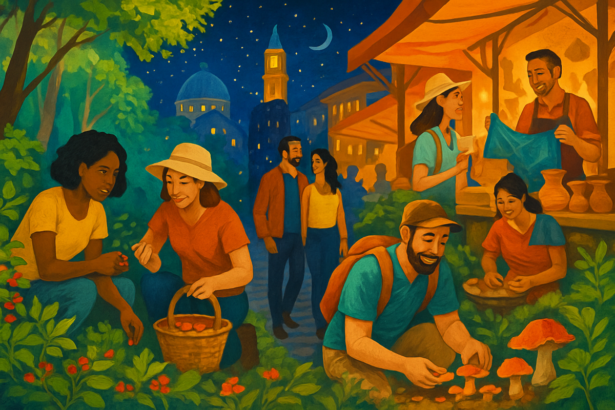 The image depicts a lively night market scene with people engaging in various activities, including gathering berries, shopping, and socializing, all under a starry sky.