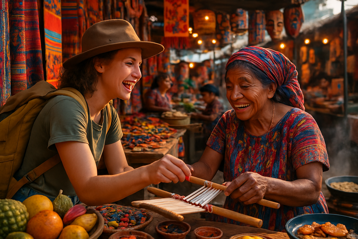 A smiling young woman in a hat engages joyfully with an older woman in traditional attire at a vibrant market filled with fruits and colorful textiles.