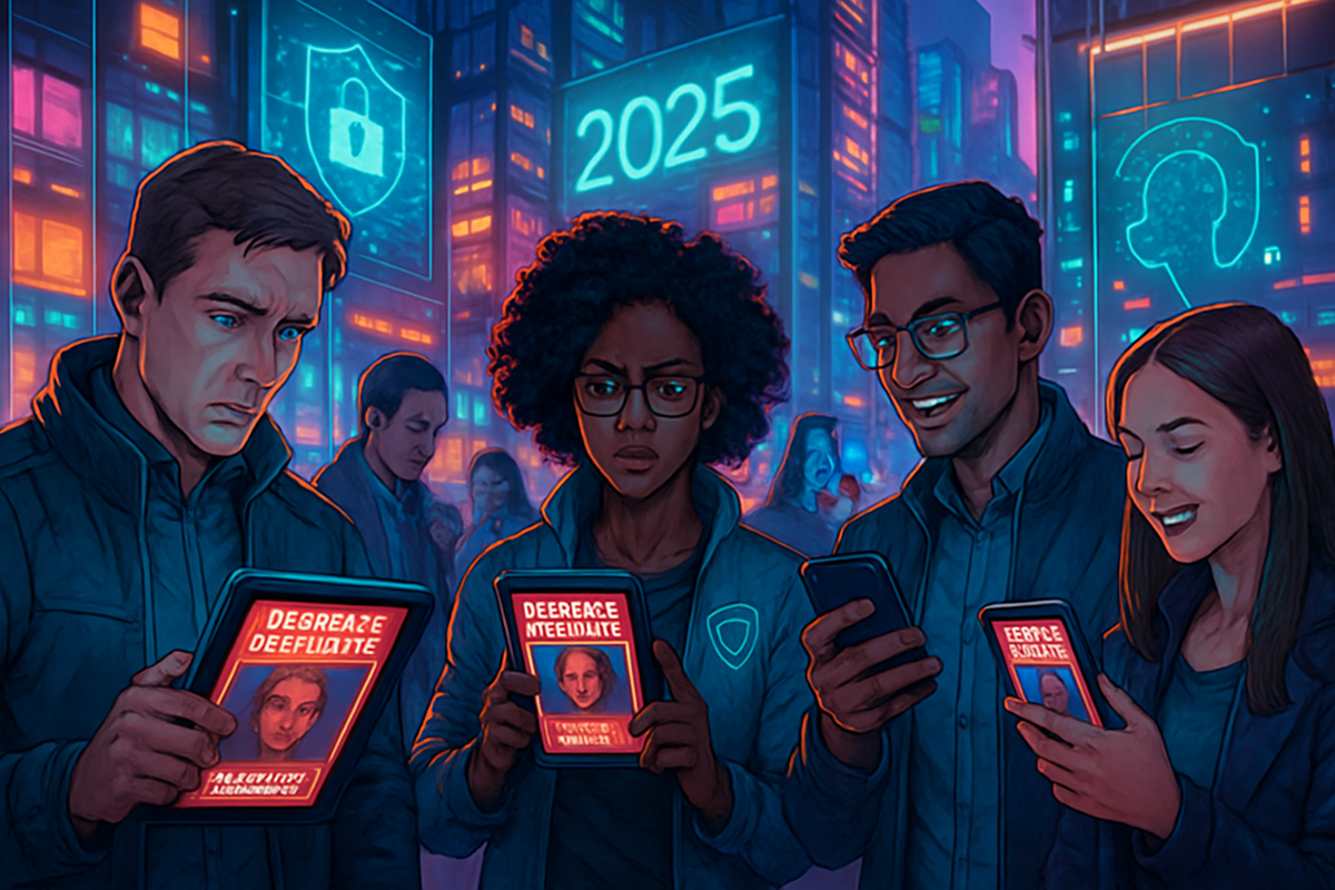 A group of four people in a futuristic cityscape are looking at digital devices displaying images with serious expressions, surrounded by neon lights and tall buildings.