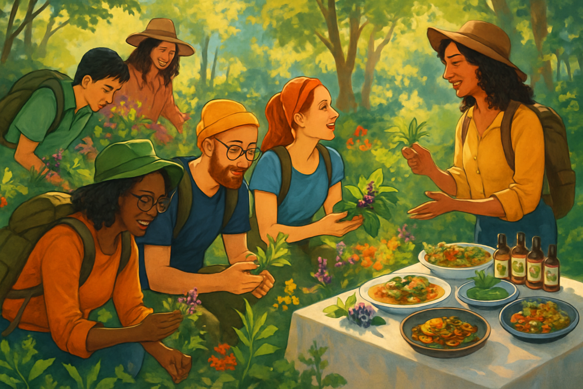 A group of people in a lush forest are engaging in a foraging class, examining plants and discussing dishes prepared with them.