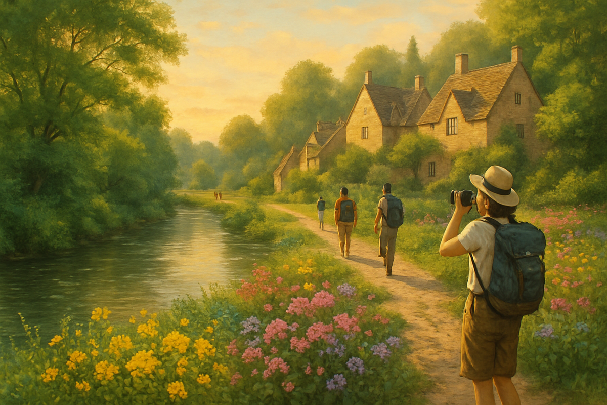 The image depicts a serene countryside scene with four hikers walking along a path beside a river, vibrant flowers lining the route, and charming houses in the background under a golden sky.