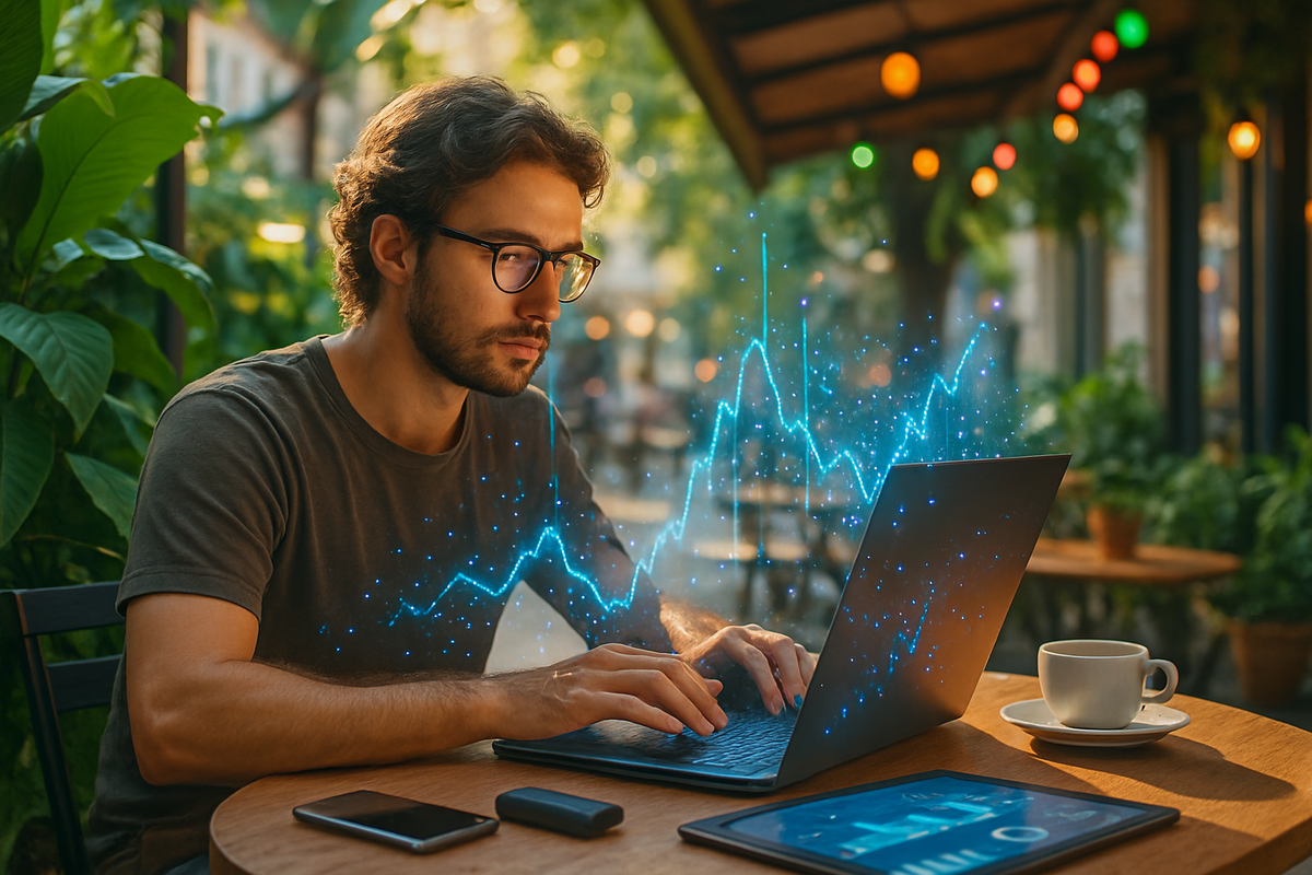 A man sits at a wooden table in a café, focused on his laptop while digital graphs and data visualizations appear around him.