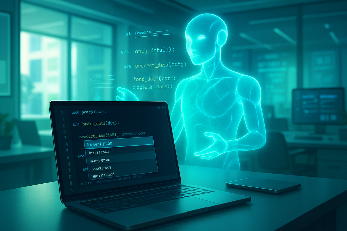 The image depicts a futuristic workspace featuring a laptop with code on the screen and a holographic human figure interacting with the data.