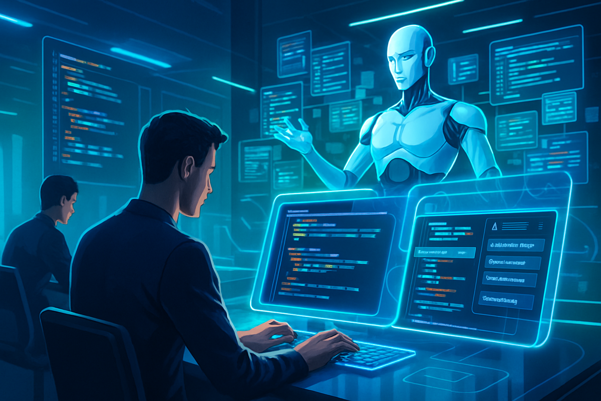 The image depicts a futuristic workspace where a human programmer is coding at a transparent computer while an AI robot stands beside him, showcasing digital information on screens.