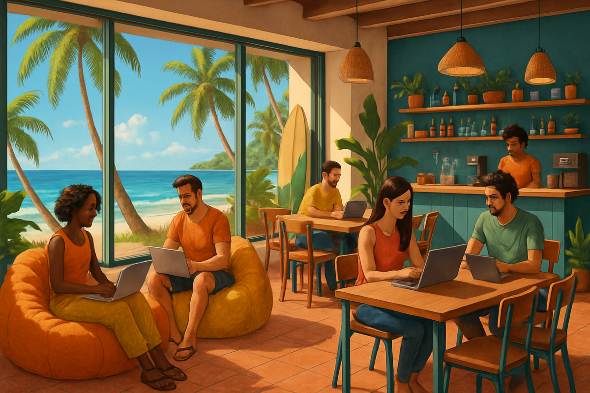 The image depicts a bright, tropical café scene with people working on laptops surrounded by palm trees and a beach view.