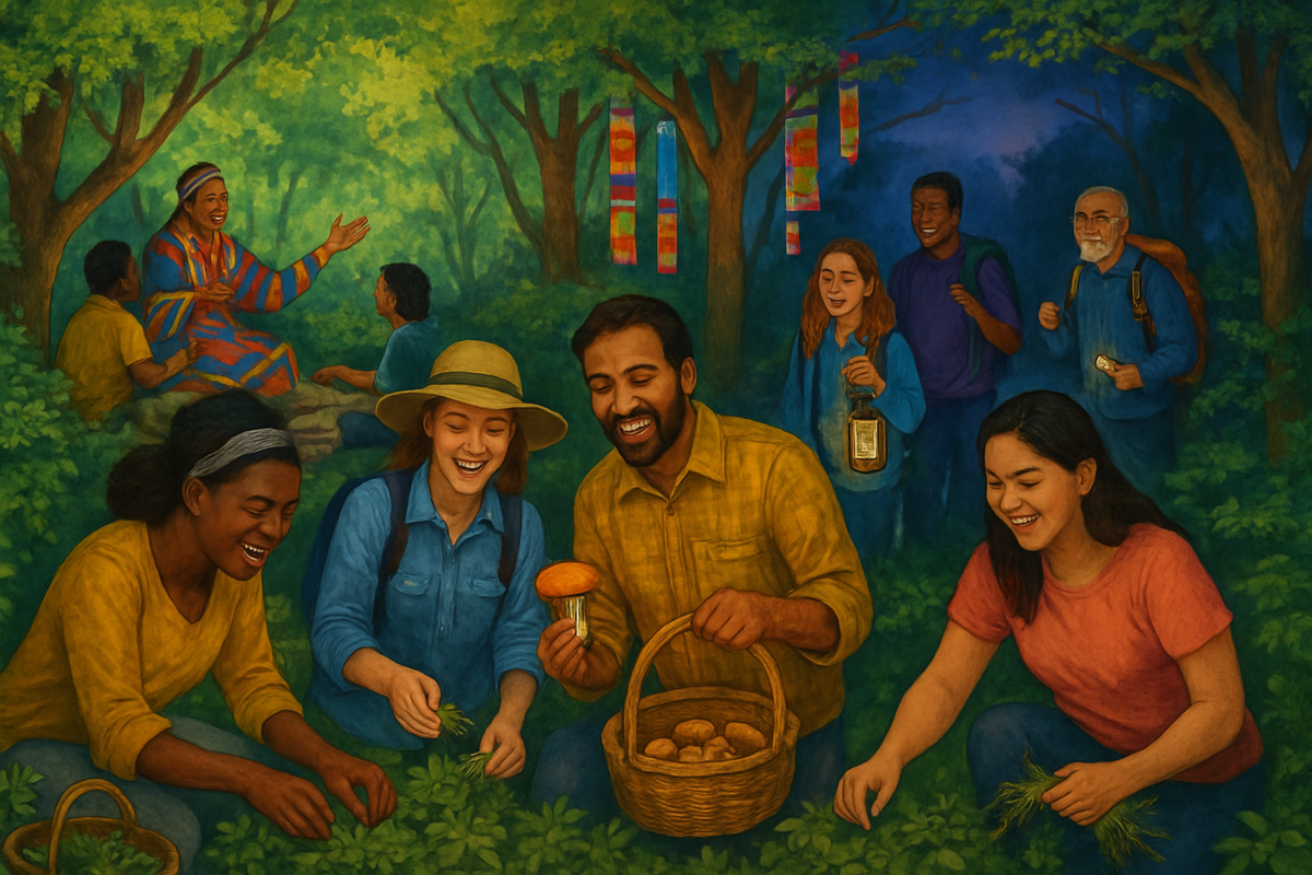 A group of diverse individuals joyfully gather mushrooms and herbs in a lush forest setting.