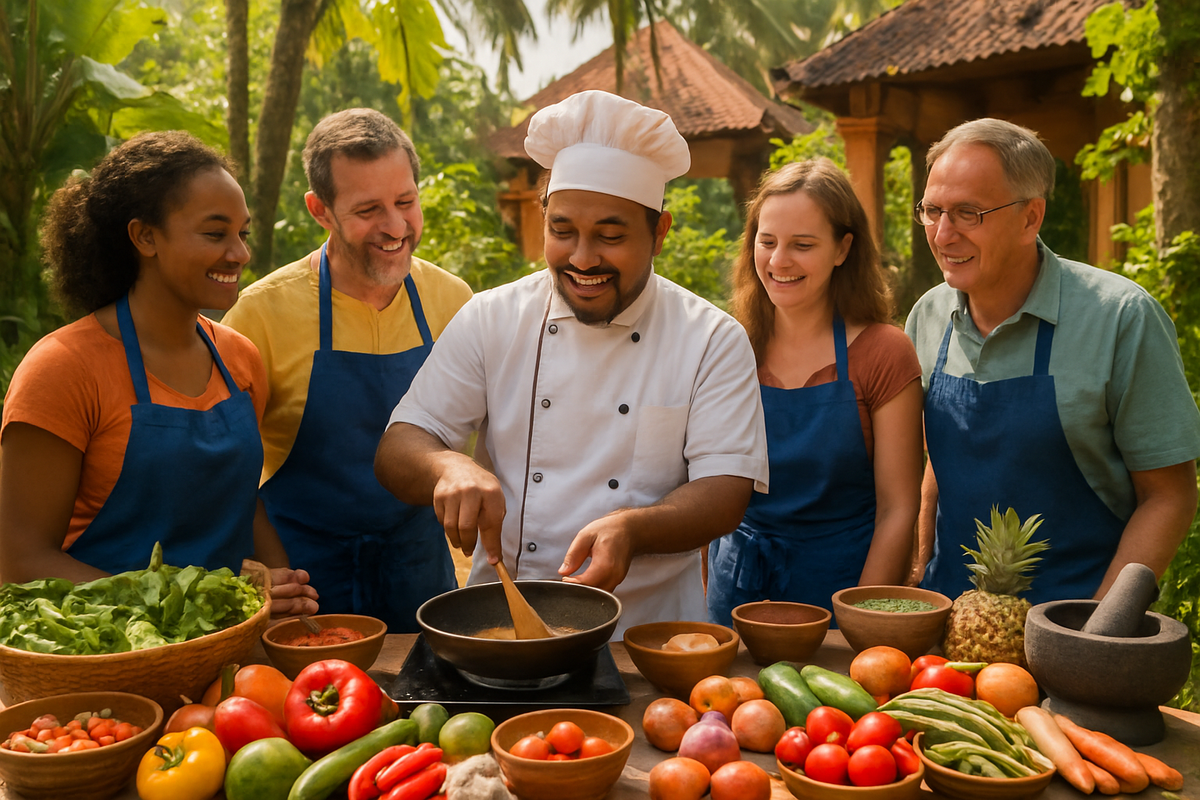 A group of five people, including a chef and four participants, are joyfully engaged in a cooking class outdoors surrounded by fresh vegetables and tropical plants.