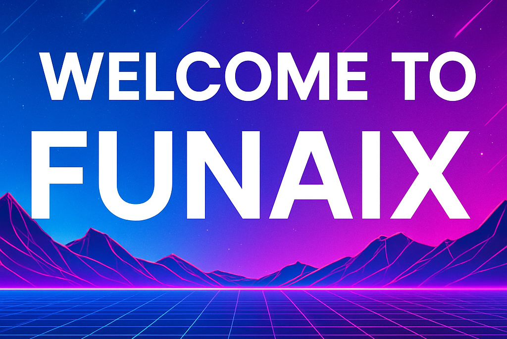Futuristic, vibrant header image with the words ‘WELCOME TO FUNAIX’ in bold white letters, set against a neon-lit, retro-futuristic landscape with starry sky.