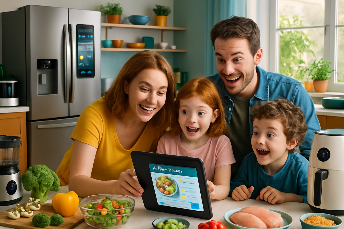 A cheerful family of four is gathered around a tablet in the kitchen, excitedly looking at a recipe while surrounded by fresh vegetables and cooking equipment.
