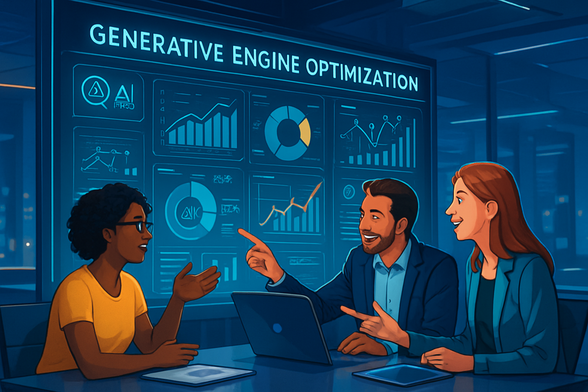 The image depicts three professionals engaged in a discussion about generative engine optimization, with data visualizations displayed on a screen behind them.