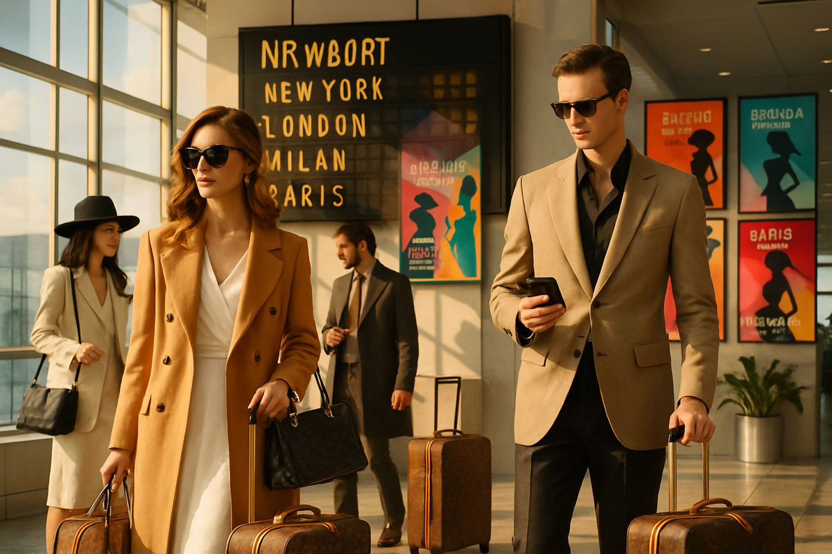 A stylish group of travelers in an airport setting, wearing fashionable outfits and carrying luggage, with a backdrop of destination signs and colorful posters.