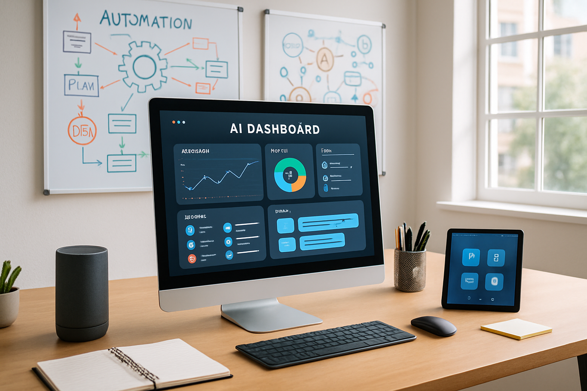 The image shows a modern workspace featuring a computer displaying an AI dashboard alongside a tablet, notebooks, and a smart speaker, with charts and diagrams on the walls.