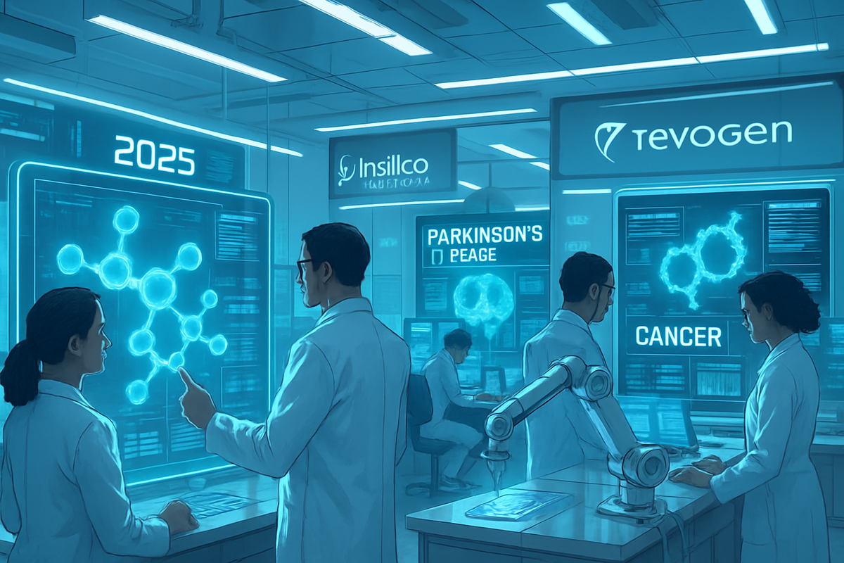 The image depicts a futuristic laboratory where scientists collaborate on research related to cancer and Parkinson's disease, with various technology interfaces and holographic displays.